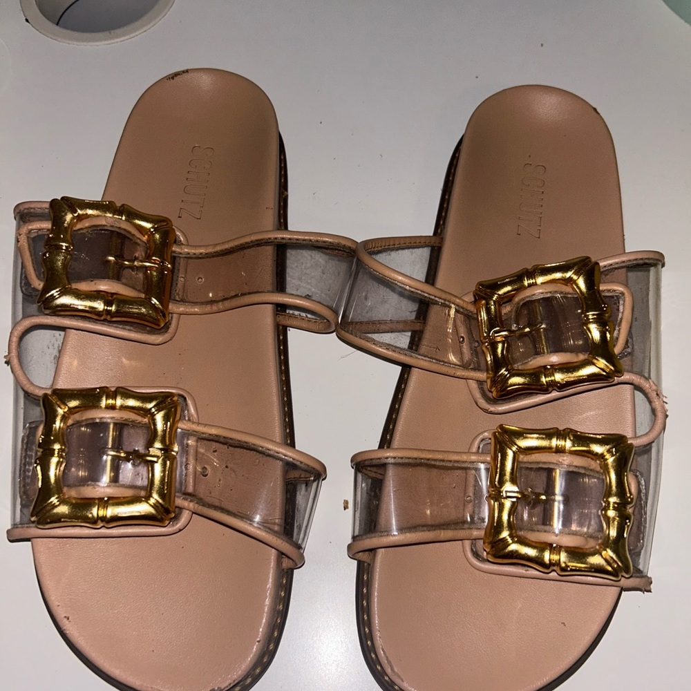 Schultz Tan Sandals with Gold Buckles